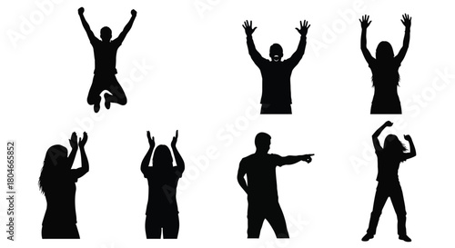 Dynamic Silhouettes of Diverse People Cheering, Jumping, Clapping, and Pointing, Expressing Excitement and Emotion