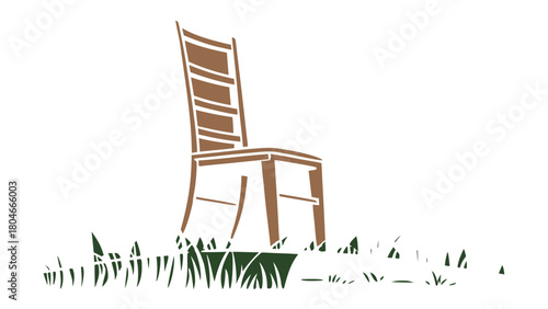 Minimalist illustration of a classic wooden chair standing gracefully in a vibrant green grassy field, symbolizing natural comfort, serene outdoor living, and eco-friendly furniture design