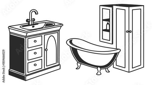 A collection of classic bathroom furniture illustrations, featuring a vintage sink vanity, a clawfoot bathtub, and a storage cabinet in a monochrome line art style