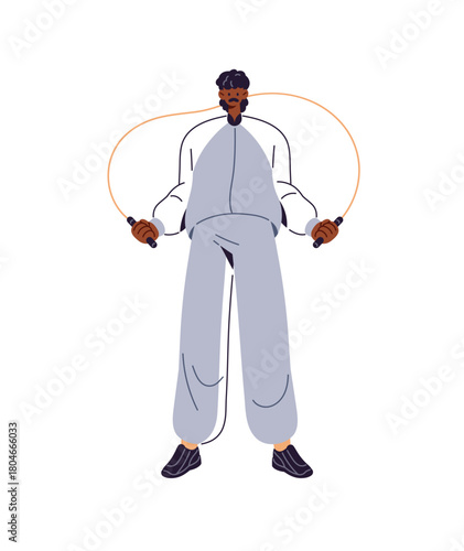 Happy black man in sports suit is skipping rope. Athlete jumps, does physical exercises while training. Sportsman hops, leaps during workout. Flat isolated vector illustration on white background.