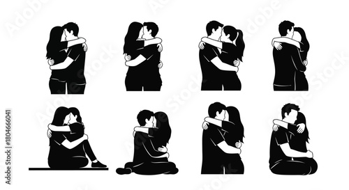 Couple Hugging Silhouette Icons Set. Love and Relationship Vector Illustrations.