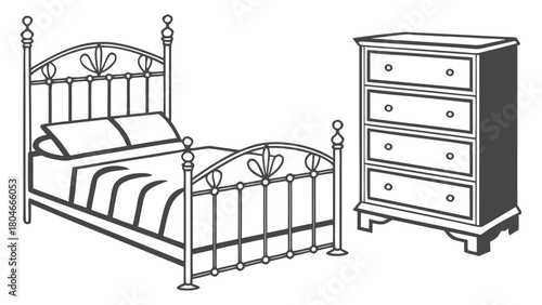 Ornate Metal Bed and Traditional Wooden Dresser Line Art. A classic bedroom furniture set illustration, perfect for home decor, interior design, and lifestyle graphics