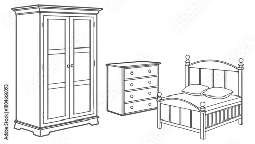 A set of bedroom furniture including a wardrobe, chest of drawers, and bed with mattress and pillows