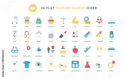 Health and skin care symbols, perfume and makeup in salon, barbershop and casual shopping, weight control with sports. Fashion and beauty, cosmetics trendy flat icons set vector illustration