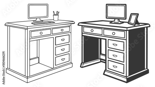 Minimalist black and white vector illustrations showcasing a classic wooden office desk with a computer setup, presented as detailed line art and a bold silhouette, perfect for graphic design