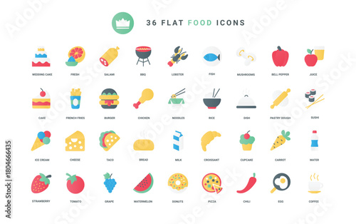 Restaurant or fast food cafe symbols, french fries and chicken, noodles taco and pizza, ice cream croissant and cupcake with coffee and juice. Food trendy flat icons set vector illustration