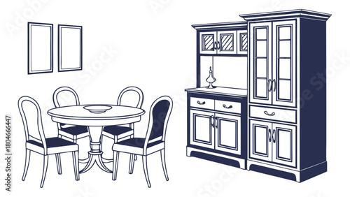 Classic dining room furniture vector illustration featuring a round table, chairs, and elegant storage cabinets, ideal for interior design concepts