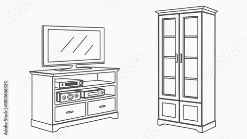 Outline sketch of a modern home entertainment center and a tall storage cabinet with glass doors for interior design concepts