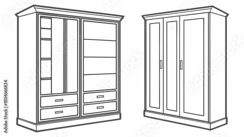 Line art of classic wooden wardrobes an open cabinet with shelves and drawers, and a closed two-door armoire. Ideal for home interior design, storage, and furnishing