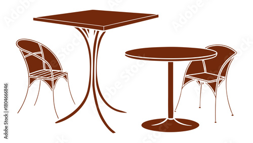 Brown furniture set with square table and chairs alongside a round table and chair on a white background
