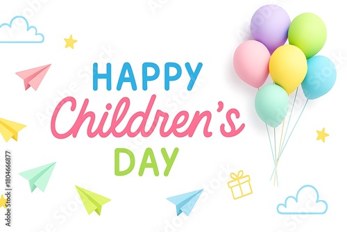 Happy children s day celebration with colorful balloons and paper airplanes