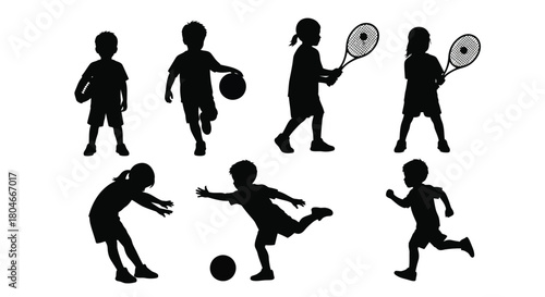 Active Children Playing Various Sports Silhouettes Set