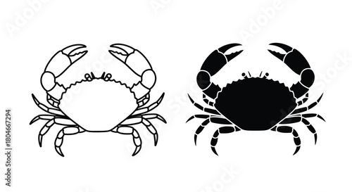 Two crab illustrations, one outlined and the other filled in with black, side by side.