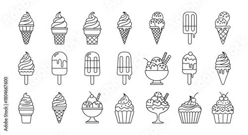 Ice Cream Icons Set – Cute Line and Colorful Cartoon Style
