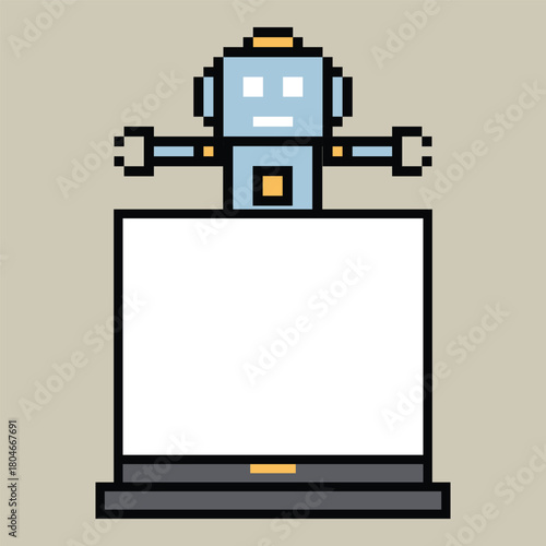 Cartoon pixel art of humanoid robot learning toy robotic engineer bot machine business vector character automation electronic background 8 bit artificial intelligence android.