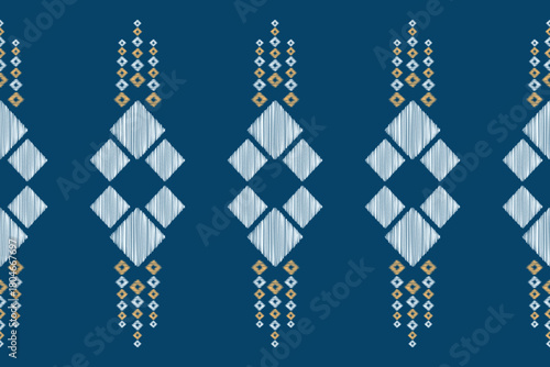 Traditional ethnic ikat motif fabric tribal pattern geometric colorful embroidery oriental blue background wallpaper art.