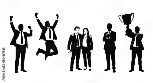 Business Success and Achievement Silhouettes. Celebratory Professional Teamwork and Victory Concept.