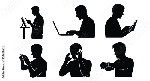 Modern Digital Device Usage Silhouettes: Man Interacting with Laptop, Tablet, Smartphone, and Smartwatch