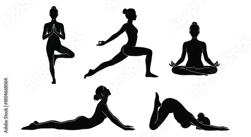 Set of women yoga silhouettes performing various poses for fitness, meditation, and wellness practices on white background