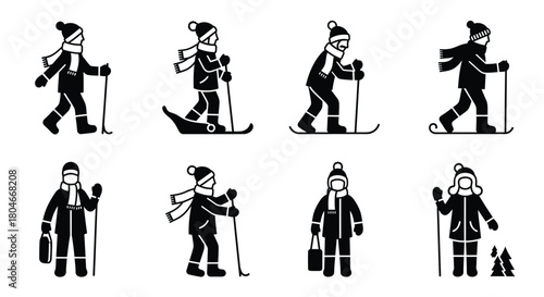 Winter Sports and Activities Icons Collection. People Engaged in Outdoor Cold Weather Recreation, Skiing, and Snowshoeing Pictograms.