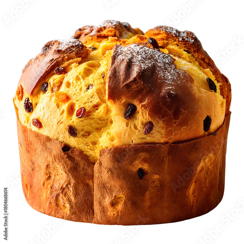 A golden brown panettone loaf a traditional Italian Christmas bread dusted with powdered sugar and filled with dried fruits presented on a clean