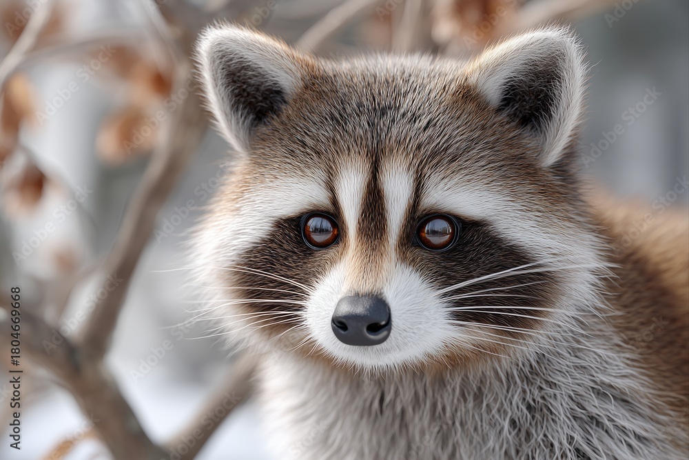 Fototapeta premium Striking close-up portrait of a wild raccoon with captivating, reflective eyes