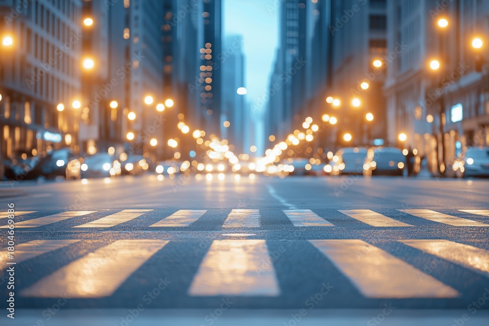 Fototapeta premium Urban street at night, with glowing bokeh lights and a pedestrian crossing in the foreground