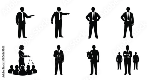 Professional Business People Icons Collection: Leadership, Teamwork, and Presentation Silhouettes