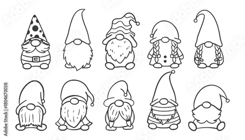 Gnome outline collection of cute garden gnomes coloring page art