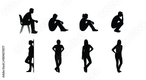 Collection of Human Silhouettes: Diverse Poses Including Sitting, Standing, Leaning, and Contemplative Figures