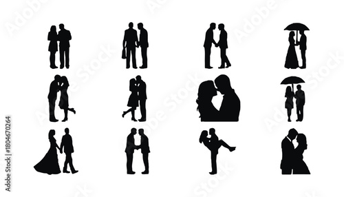 Collection of black silhouette couples in various romantic poses set