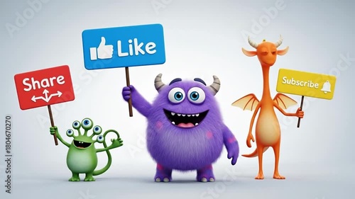 Three colorful cartoon monsters promoting social media engagement.