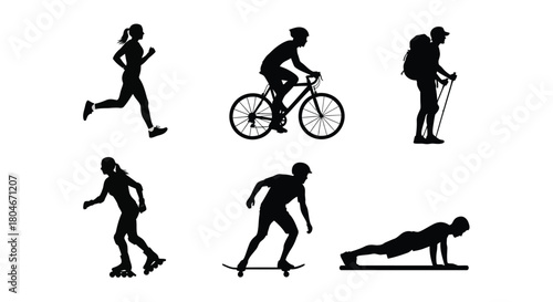 Diverse Group of People Silhouettes Engaged in Sports, Fitness, and Outdoor Activities