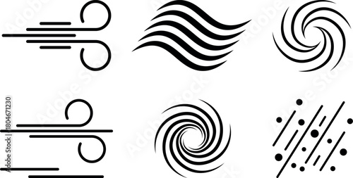 Wind and airflow icons set - gust lines, wavy breeze spiral vortex dust particles, speed lines - black vector