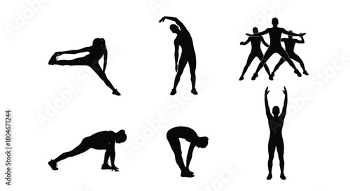 Fitness Silhouettes Collection: People Stretching and Exercising. Graphic set of various workout poses for health, wellness, and yoga.