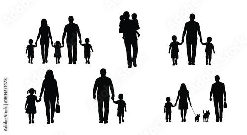 Family Silhouettes Vector Illustration Set: Parents and Children
