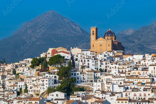 Golden Aerial Sunrise Over Altea: Capturing the Iconic White Village, Dome Church, and Mediterranean Coastline, Costa Blanca, Spain