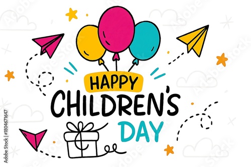 Happy childrens day illustration with balloons and paper airplanes