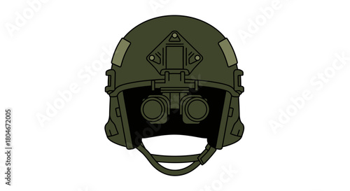 A green military helmet with night vision goggles attached, isolated on a white background.