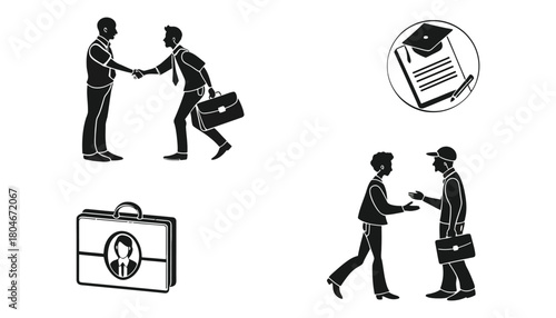 Black and white business illustrations with people and briefcase icon