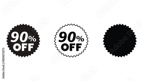 Three stickers showing ninety percent off in different styles on white