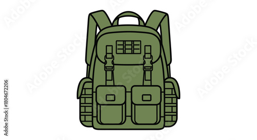 Illustration of a green military-style backpack with straps, pockets, and buckles on a white background.