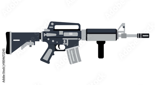 An illustration of a rifle with a black stock, gray barrel, and a vertical grip.