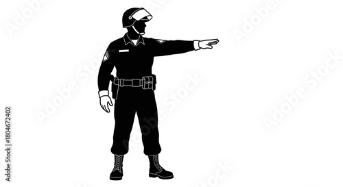 Silhouette of a police officer in uniform pointing to the right.