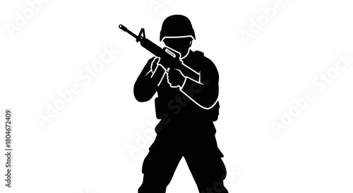 Silhouette of a soldier aiming a rifle, wearing a helmet and tactical vest, against a white background.