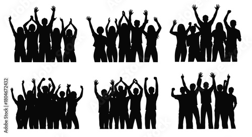 Excited Crowd Silhouettes Raising Arms in Celebration and Victory