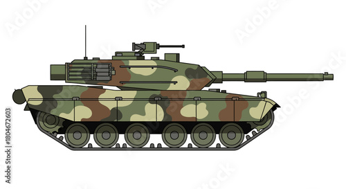 Camouflaged military tank with a long barrel gun, depicted in a side view on a white background.
