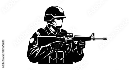 Silhouette of a soldier holding a rifle, ready for combat, with helmet.