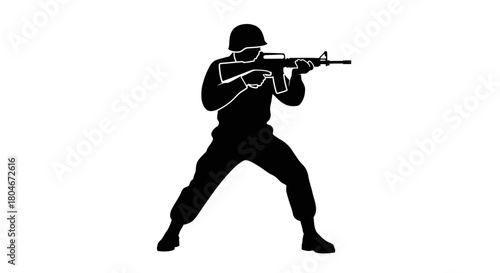 Silhouette of a soldier aiming a rifle, prepared for combat.