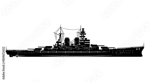 Silhouette of a large warship with multiple turrets and a detailed superstructure, isolated on a white background.
